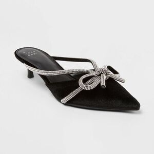 a new day Black Pointed Kitten Heel Mule with Rhinestone Bow